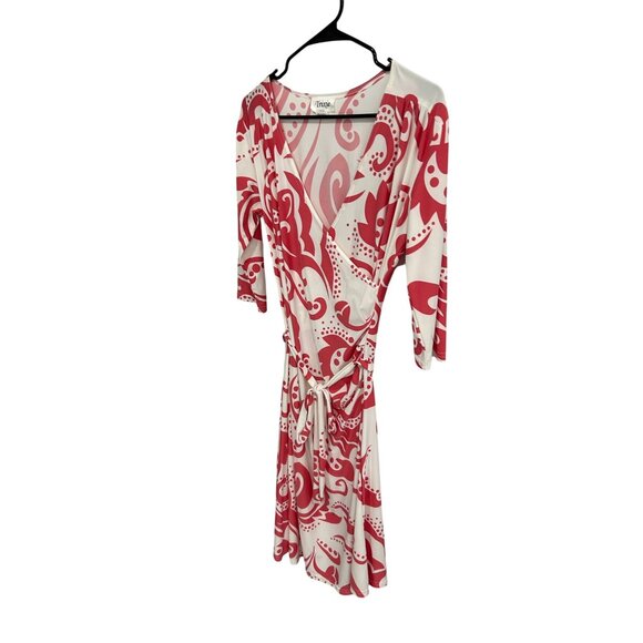 Trixie Red White Faux Wrap Dress Abstract Print 3/4 Sleeve Size L Made In USA - Picture 3 of 9